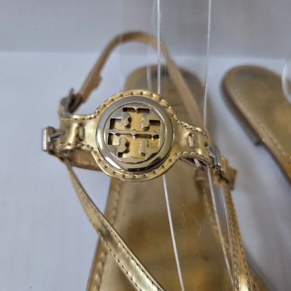 Tory Burch Ali Sandals Womens 8.5 Metallic Gold Leather Ankle Strap Thongs - Picture 5 of 10